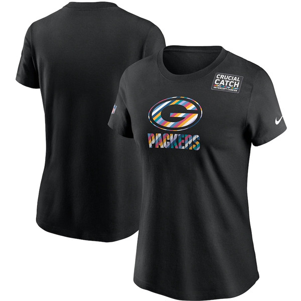 Women's Green Bay Packers Black NFL 2020 Sideline Crucial Catch Performance T-Shirt(Run Small)